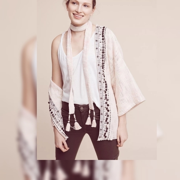 Anthropologie Beautiful Stories Livia Textured tweed Kimono One Size Pink boho - Picture 1 of 12